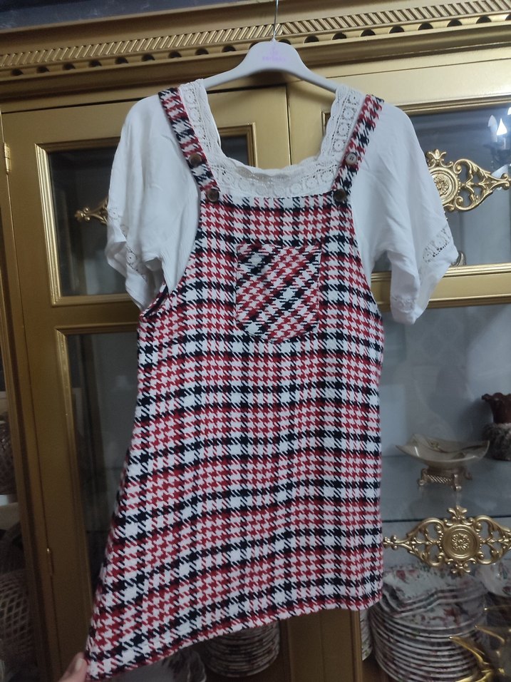 Ekose Desenli Triko Askılı kadın Salopet - Görsel 3