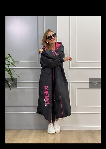 Siyah Uzun Fermuarlı Kadın Yağmurluk - Görsel 2