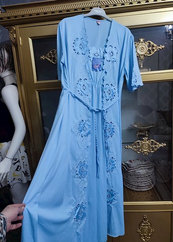 Nakışlı Mavi Bohem Uzun Kadın Sabahlık - Görsel 9
