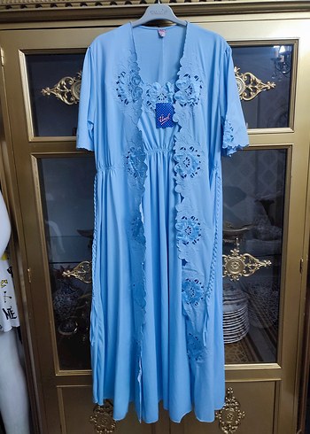 Nakışlı Mavi Bohem Uzun Kadın Sabahlık - Görsel 8