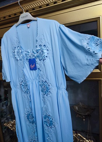 Nakışlı Mavi Bohem Uzun Kadın Sabahlık - Görsel 3