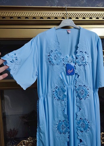 Nakışlı Mavi Bohem Uzun Kadın Sabahlık - Görsel 4