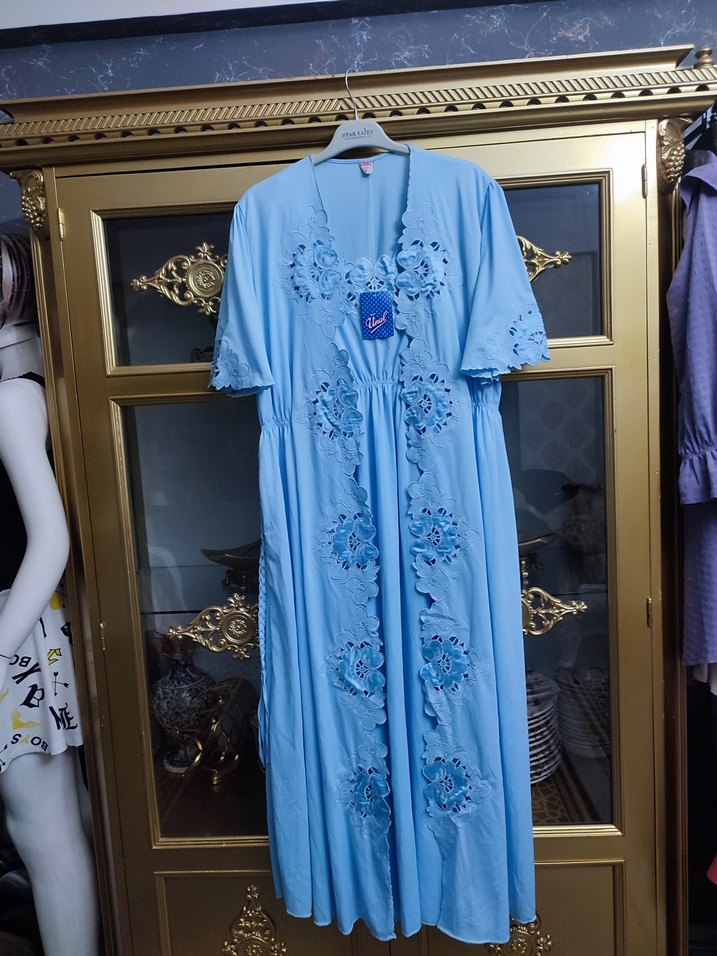 Nakışlı Mavi Bohem Uzun Kadın Sabahlık - Görsel 2