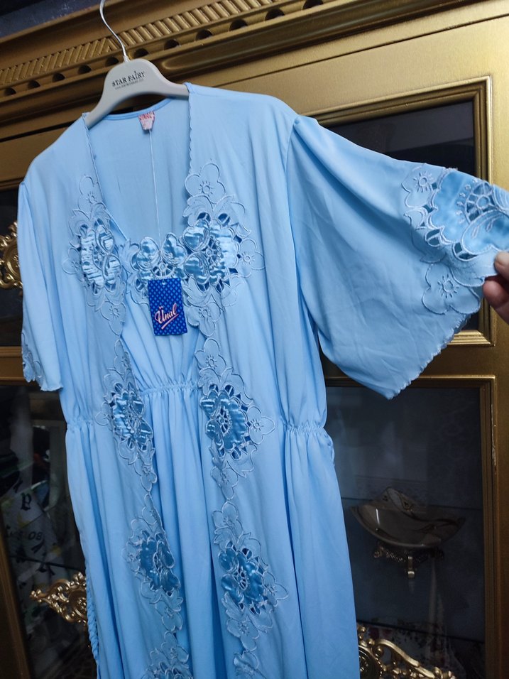 Nakışlı Mavi Bohem Uzun Kadın Sabahlık - Görsel 3