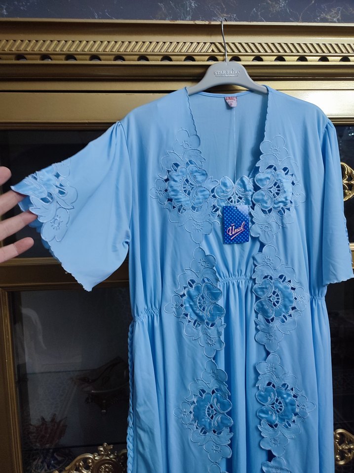 Nakışlı Mavi Bohem Uzun Kadın Sabahlık - Görsel 4