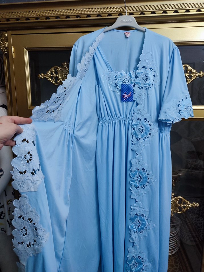 Nakışlı Mavi Bohem Uzun Kadın Sabahlık - Görsel 5
