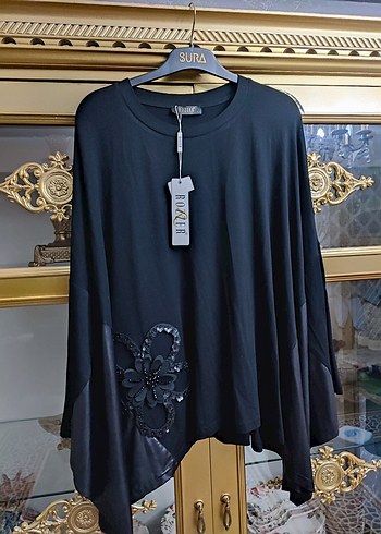 Drapeli Siyah Mini Uzun Kollu Bluz - Görsel 2