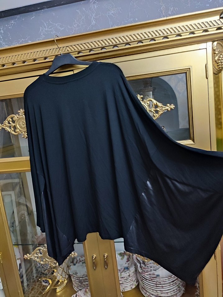 Drapeli Siyah Mini Uzun Kollu Bluz - Görsel 5