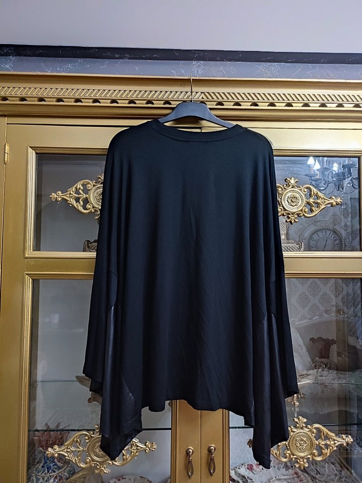 Drapeli Siyah Mini Uzun Kollu Bluz - Görsel 4