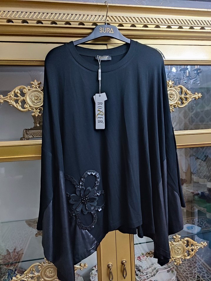 Drapeli Siyah Mini Uzun Kollu Bluz - Görsel 2