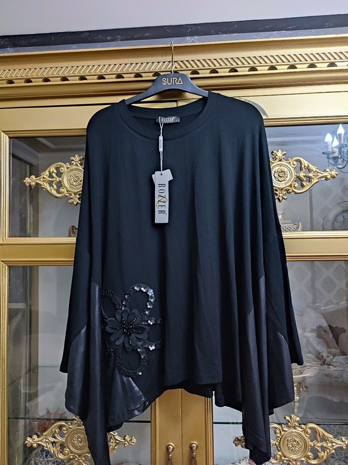 Drapeli Siyah Mini Uzun Kollu Bluz - Görsel 3