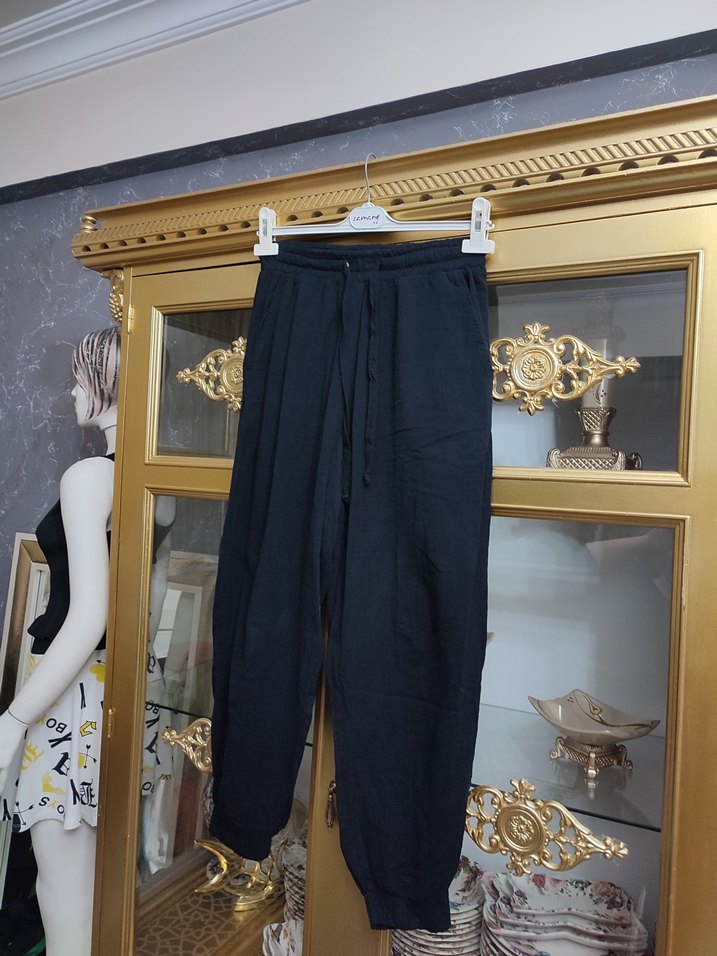 Siyah Kadın Keten Salaş Pantolon - Görsel 3