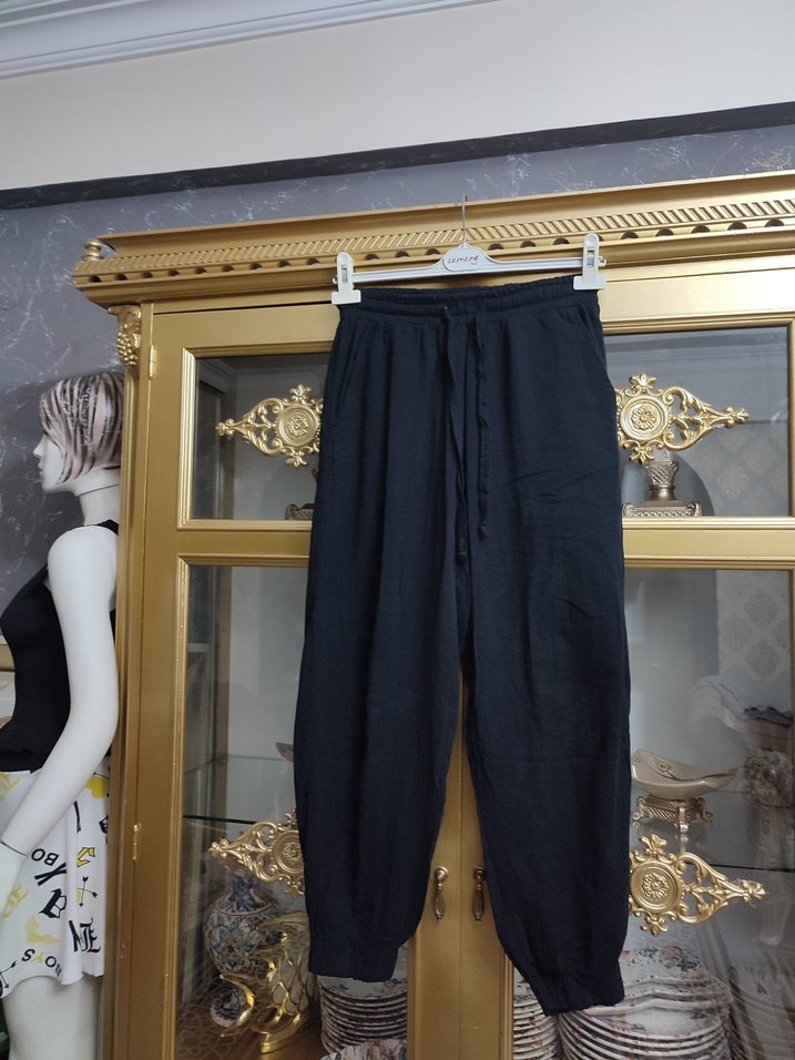 Siyah Kadın Keten Salaş Pantolon - Görsel 5