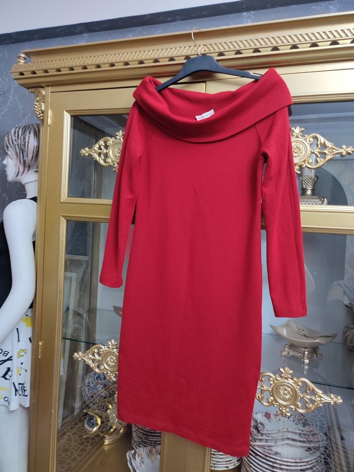 Bordo Uzun Kollu Drapeli Triko Elbise - Görsel 5