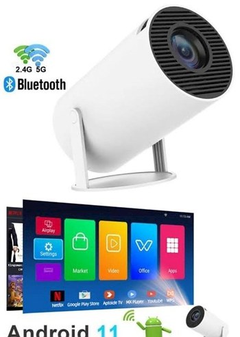 Beyaz Android 11 Projektör Bluetooth ve Wi-Fi