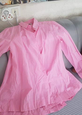 Pembe Pilili Keten Kadın Gömlek