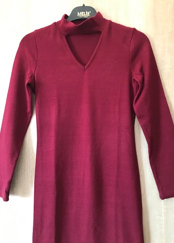 Bordo V Yaka Uzun Kollu Triko Elbise - Görsel 2