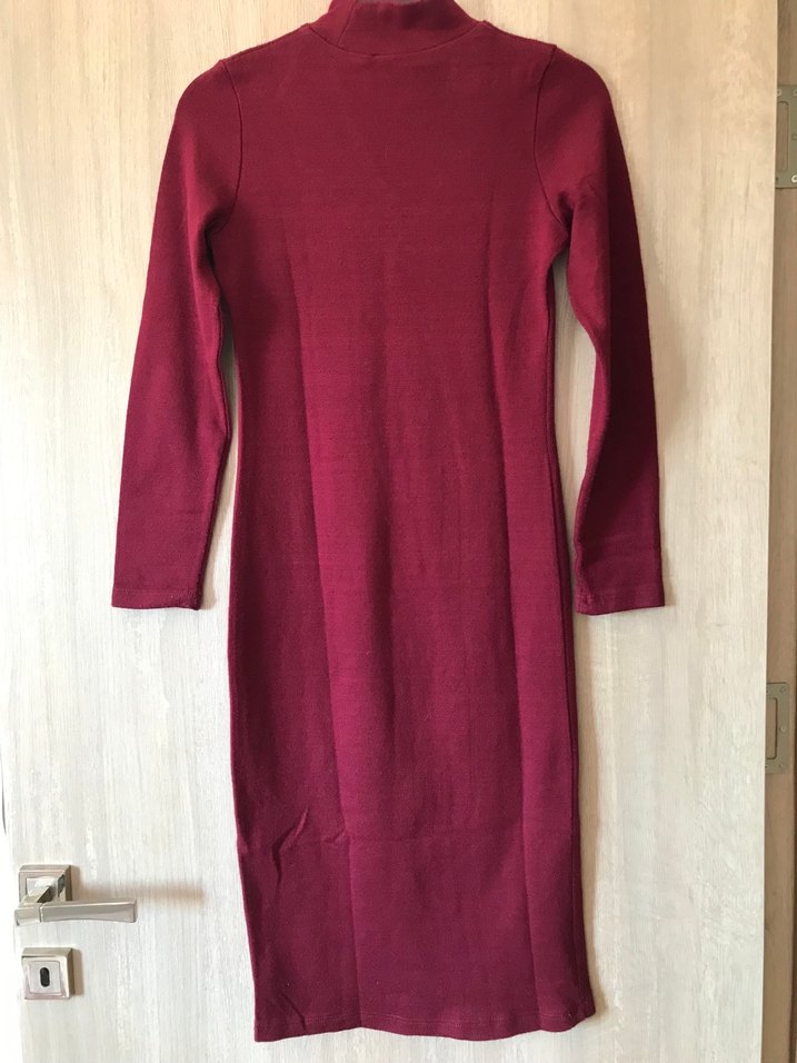 Bordo V Yaka Uzun Kollu Triko Elbise - Görsel 4