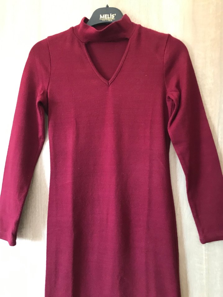 Bordo V Yaka Uzun Kollu Triko Elbise - Görsel 2