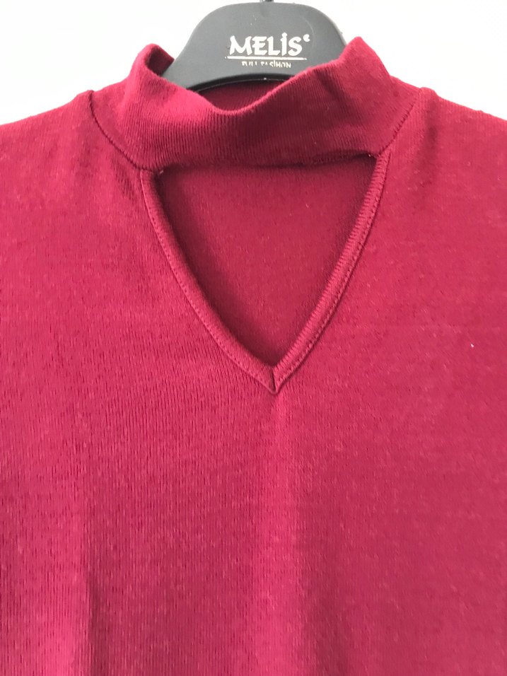 Bordo V Yaka Uzun Kollu Triko Elbise - Görsel 3