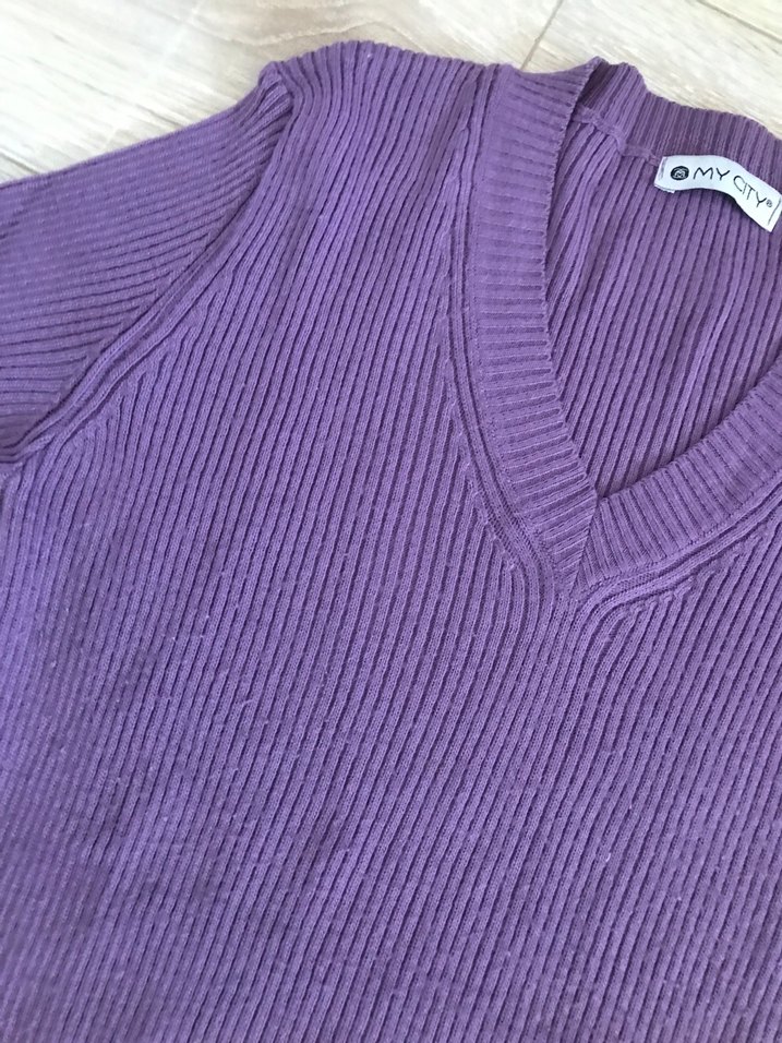 Mor V Yaka Triko Kadın Kazak - Görsel 5