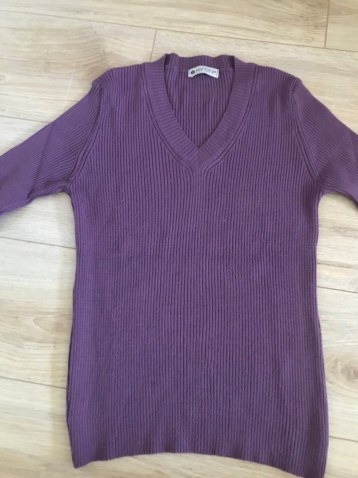 Mor V Yaka Triko Kadın Kazak - Görsel 4