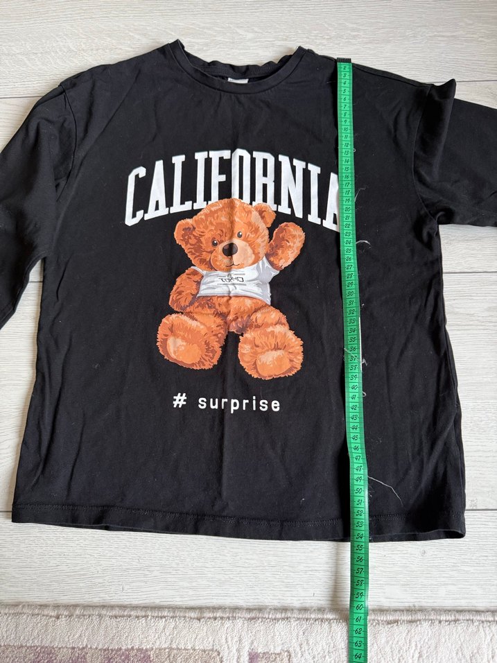 Uzun Kollu Ayıcık Baskılı Siyah Sweatshirt - Görsel 3