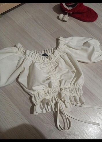 Beyaz ipli kadın bluz crop 