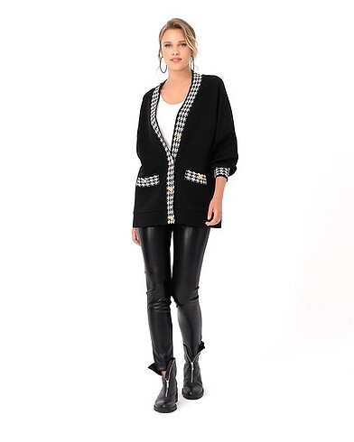 Seçil Seçil Kazayağı Desen Hırka Siyah