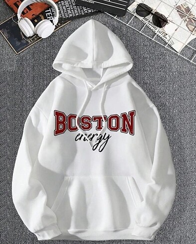 Unisex - Boston baskılı Kapüşonlu polar