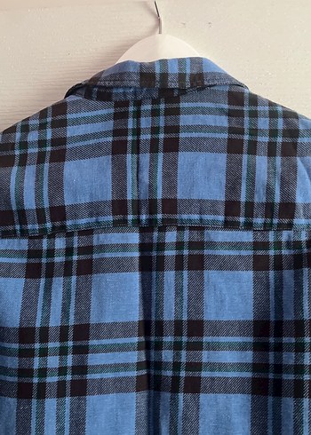 Düğmeli Mavi Kareli Denim Gömlek - Görsel 7