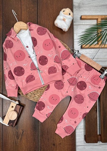 Pembe Baskılı Bebek Kız Takımı, Uzun Kollu, Düğmeli