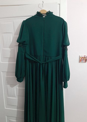 Yeşil Uzun Kollu Nakışlı Kadın Abiye Elbise - Görsel 3