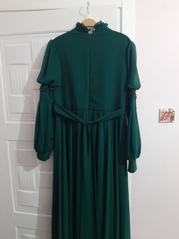 Yeşil Uzun Kollu Nakışlı Kadın Abiye Elbise - Görsel 3