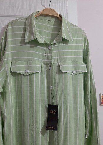 H&M Yeşil Çizgili Uzun Kollu Gömlek Elbise - Görsel 3