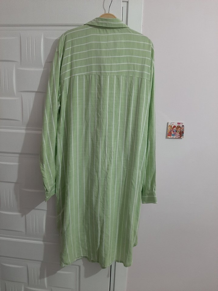 H&M Yeşil Çizgili Uzun Kollu Gömlek Elbise - Görsel 2