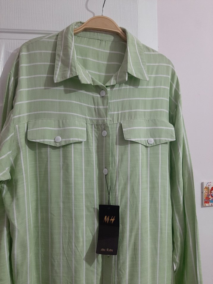 H&M Yeşil Çizgili Uzun Kollu Gömlek Elbise - Görsel 3
