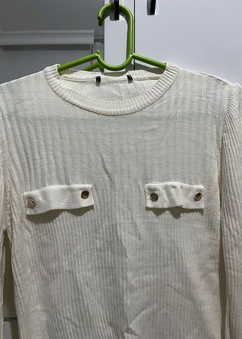 Düğmeli Beyaz Kadın Uzun Kollu Triko - Görsel 4