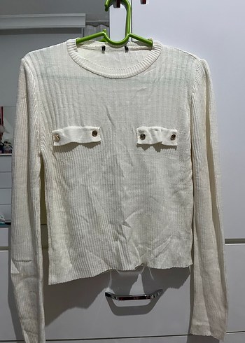 Düğmeli Beyaz Kadın Uzun Kollu Triko - Görsel 2