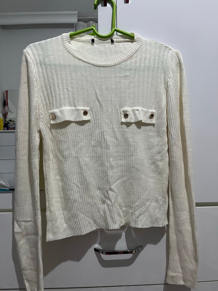 Düğmeli Beyaz Kadın Uzun Kollu Triko - Görsel 2