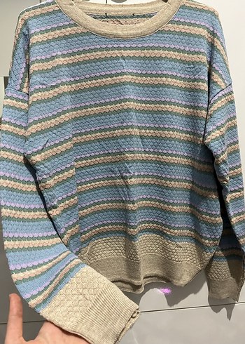 Bej ve Pastel Çizgili Kadın Triko Kazak - Görsel 5