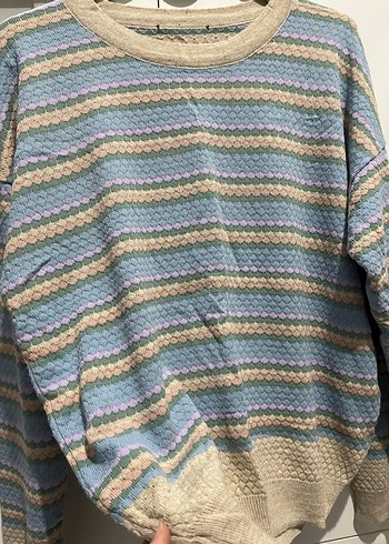 Bej ve Pastel Çizgili Kadın Triko Kazak - Görsel 4