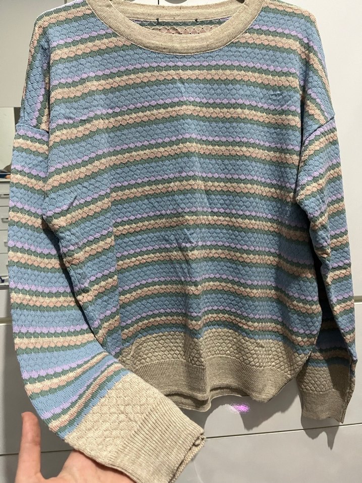 Bej ve Pastel Çizgili Kadın Triko Kazak - Görsel 5