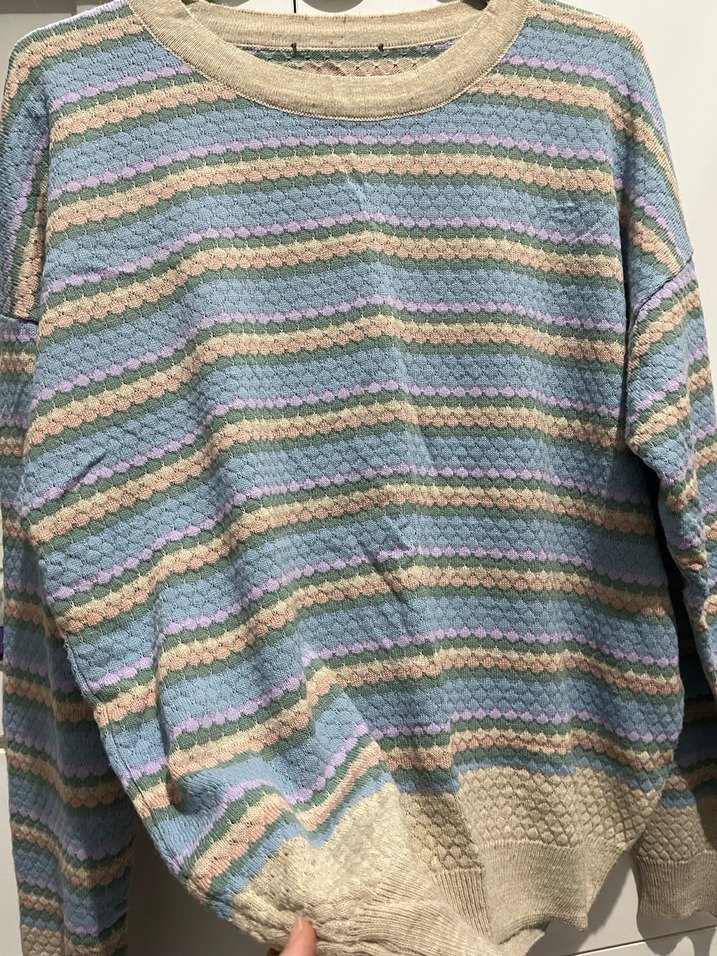 Bej ve Pastel Çizgili Kadın Triko Kazak - Görsel 4