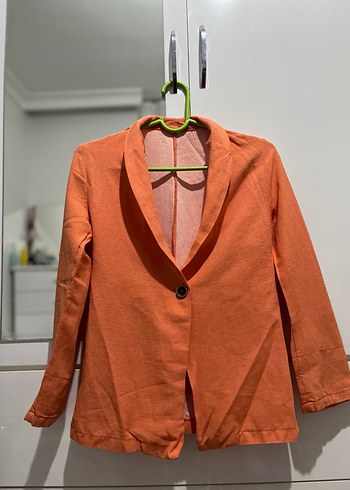 Turuncu Düğmeli Kadın Keten Blazer - Görsel 4
