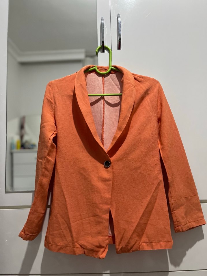 Turuncu Düğmeli Kadın Keten Blazer - Görsel 4