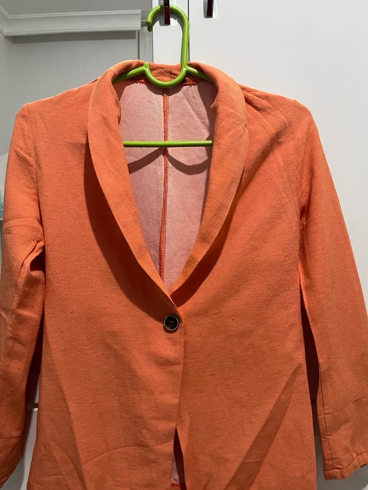 Turuncu Düğmeli Kadın Keten Blazer - Görsel 5