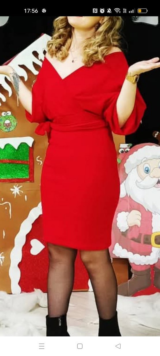 Kırmızı V Yaka Uzun Kollu Mini Elbise - Görsel 2