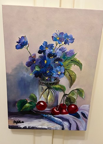 Koyu Mavi Çiçekler Yağlı Boya Tablo - Görsel 2