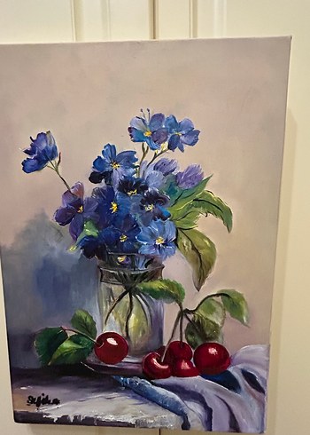 Koyu Mavi Çiçekler Yağlı Boya Tablo - Görsel 3